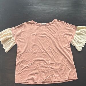 Blush Tee with Cream Ruffle Sleeves